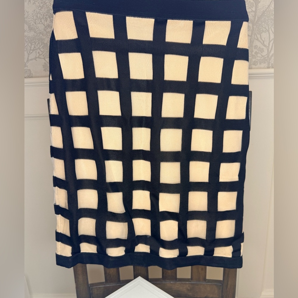 Balmain Black and Cream Grid Pencil Skirt